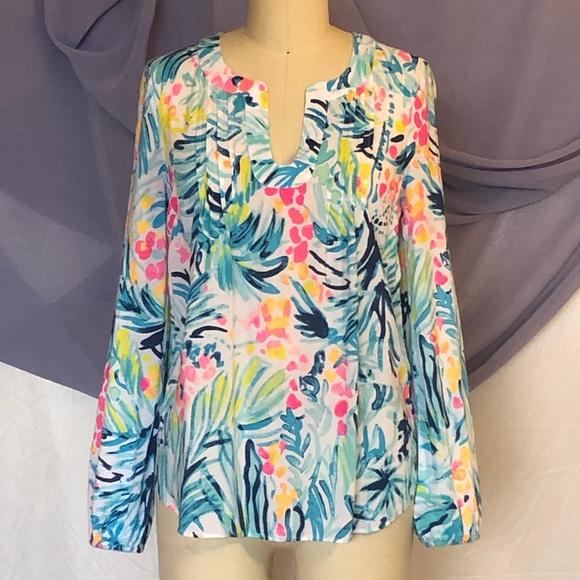 Like New Vintage Lilly Pulitzer peasant white blue pink top Size XSmall Y2K - Picture 3 of 8